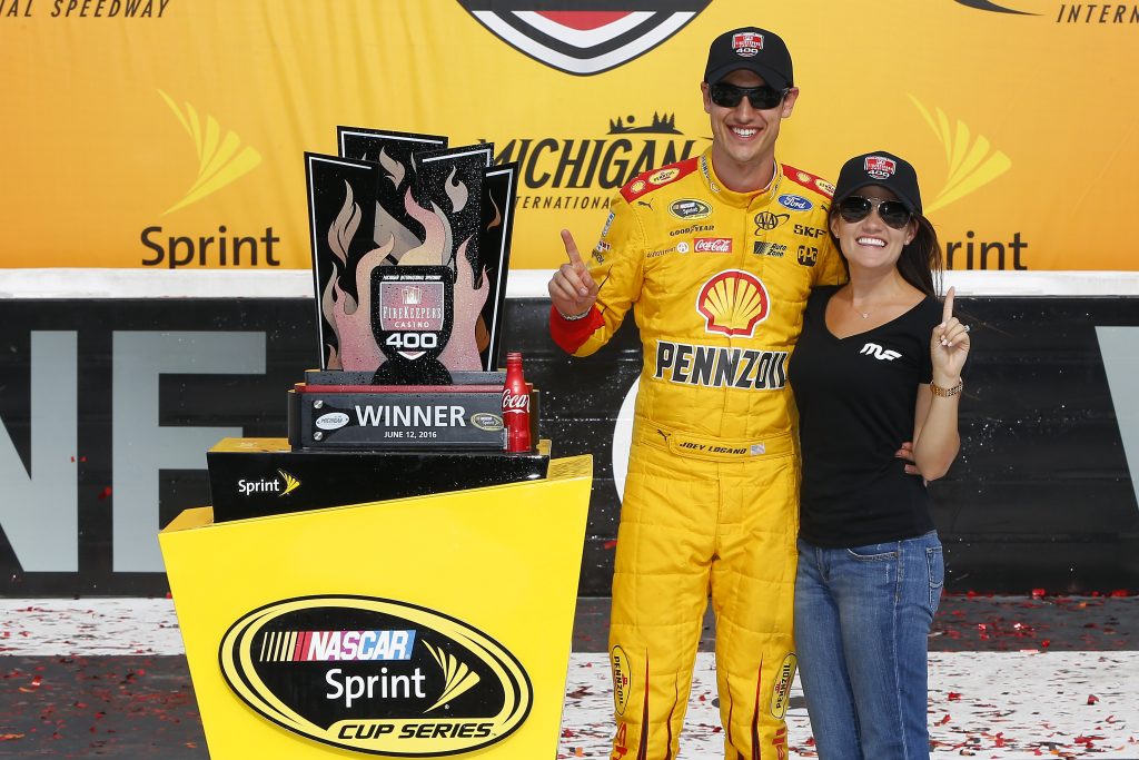 10-12 June, 2016, Brooklyn, Michigan USA Joey Logano celebrates in victory lane ©2016, Russell LaBounty NKP